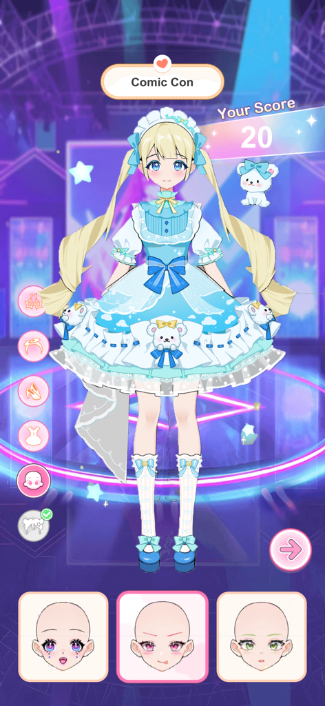 Love Idol: Beauty Dress Up - Pantalla de personalización de personaje en Love Idol que muestra opciones de maquillaje y un atuendo temático de Comic Con