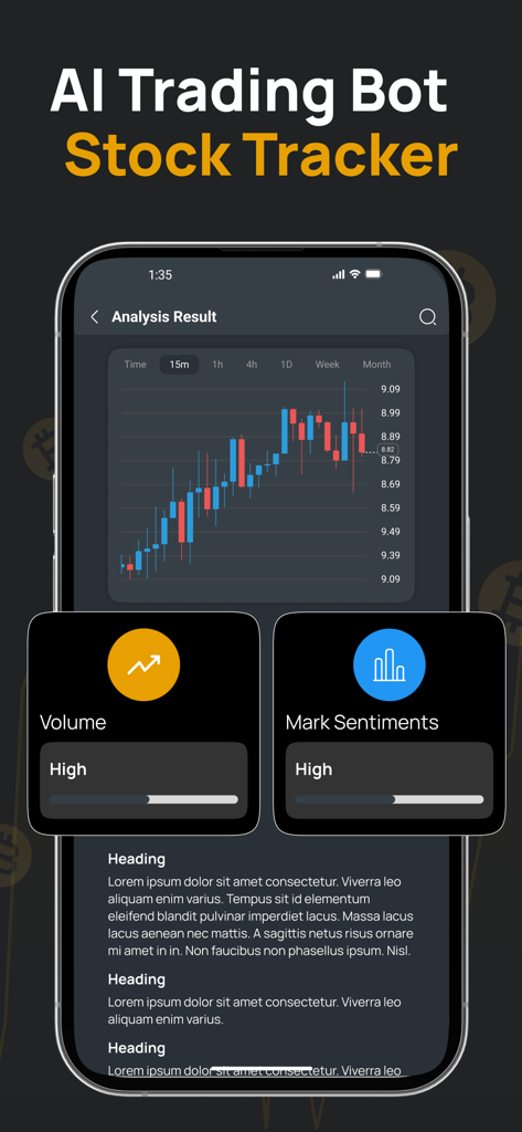 Chart AI: Data Stock Analysis - Mobile screen of Chart AI app showing stock analysis results with a candlestick chart and market indicators