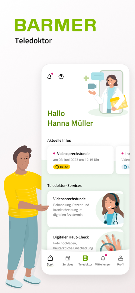 Main dashboard of the BARMER Teledoktor app showing video consultation and digital health check options
