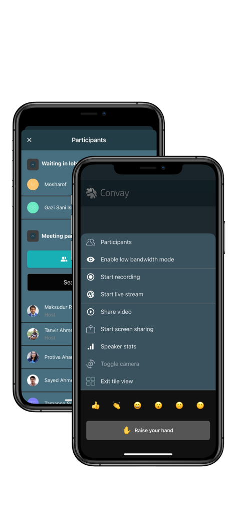 Two mobile screens displaying the Convay app's meeting participant list and a menu of video conferencing control options including screen sharing and recording.