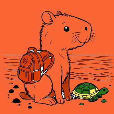 capybara with a turtle backpack on a beach