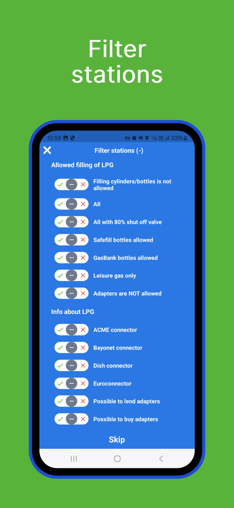 myLPG.eu App-Filterbildschirm für LPG-Tankstellenfunktionen und Steckertypen