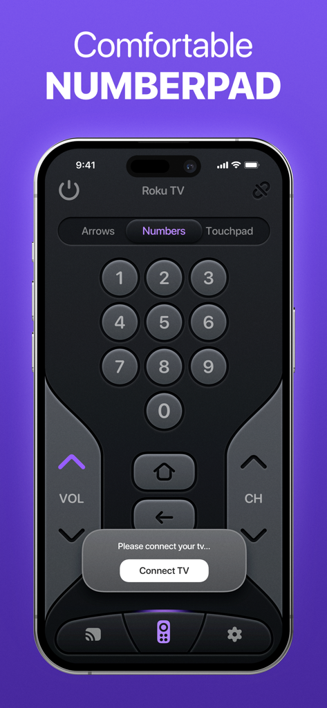 Smart Remote Control & TV Cast - Tela do smartphone exibindo o recurso de teclado numérico do aplicativo Smart Remote Control e TV Cast.