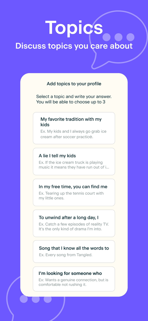 Stir: Single Parent Dating App - A list of conversation topics and profile prompts for single parents on the Stir dating app.