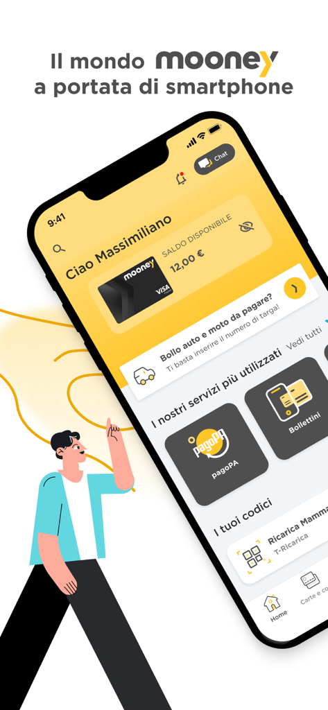 Captura de pantalla de la pantalla de inicio de la app Mooney que muestra el saldo de la cuenta, opciones de pago de pagoPA y servicios de impuestos de vehículos en un teléfono móvil.