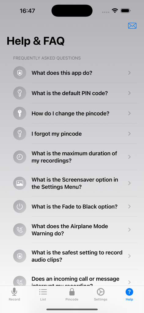 Help and FAQ screen of the Secure Voice Recorder app listing questions about security features and recording settings.