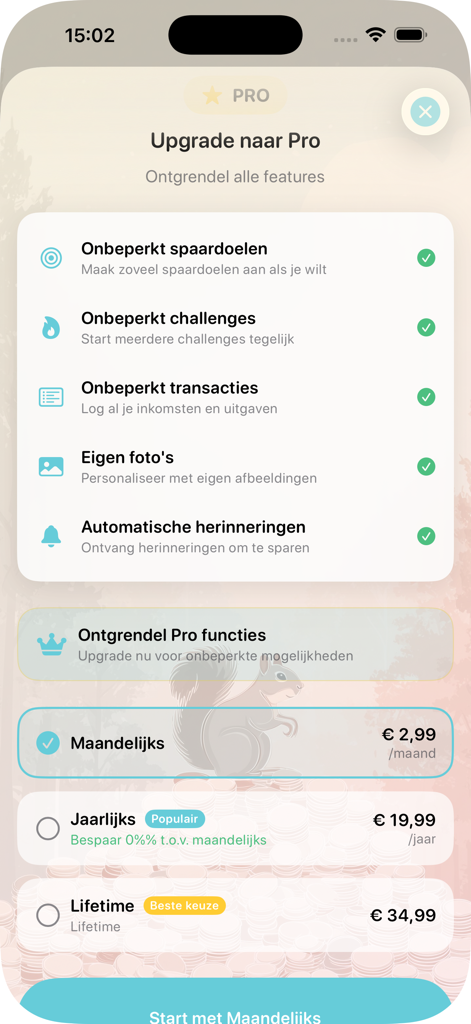 Budget Challenge App - Pro version upgrade screen of the Budget Challenge App showing premium features and subscription pricing options