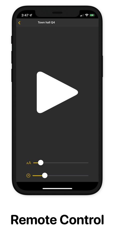 Telepromptme Script Scroller - Smartphone screen showing the Telepromptme remote control interface with playback button and adjustment sliders