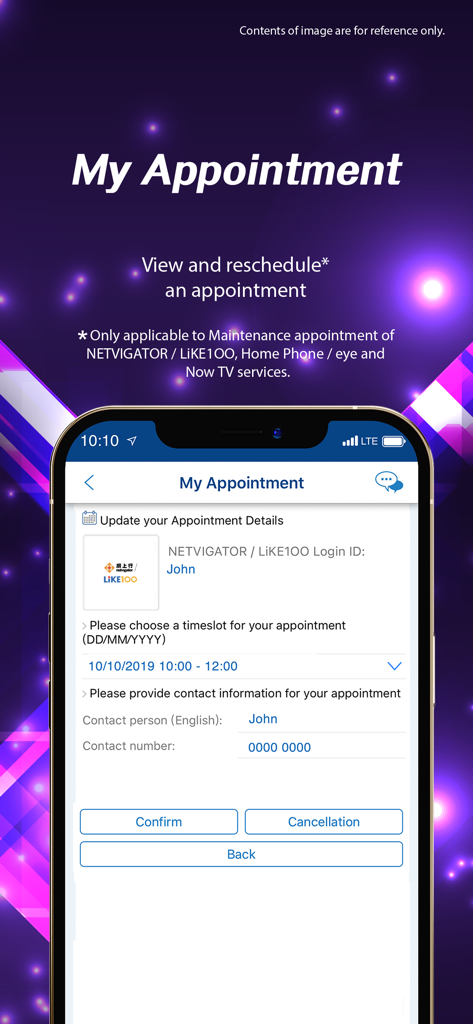 Screenshot of the My HKT app interface showing the My Appointment screen for managing and rescheduling service appointments