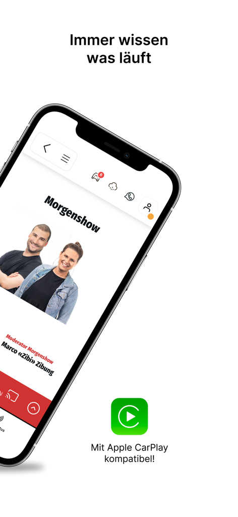 Radio Pilatus - Radio Pilatus app on iPhone displaying the morning show and Apple CarPlay logo