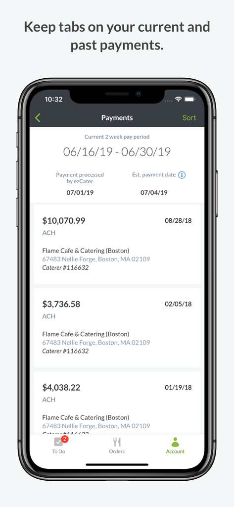 Ecrã de gestão de pagamentos de catering mostrando histórico de transações e períodos de pagamento