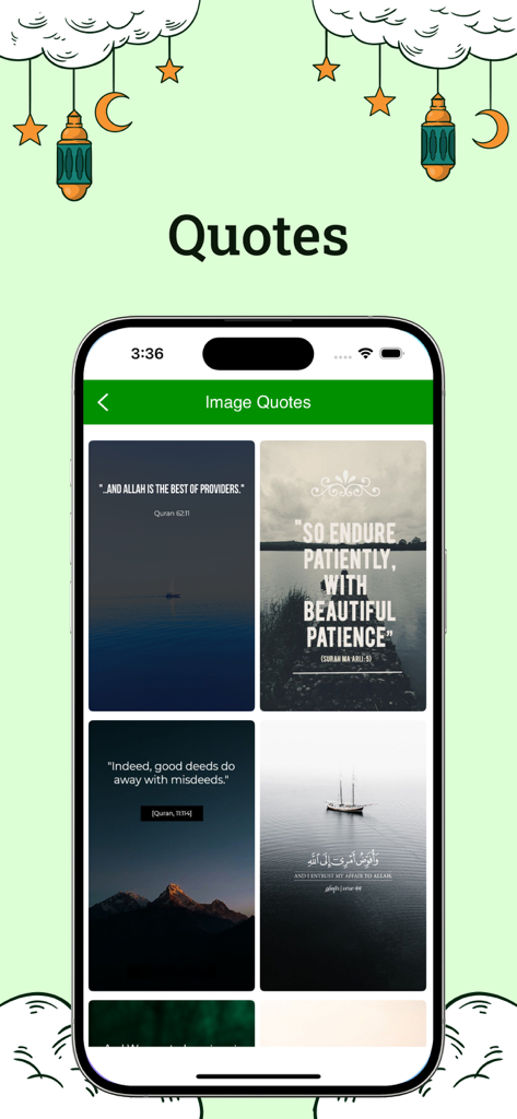 A gallery of Quranic verse graphics with scenic backgrounds in the Somali Quran app.