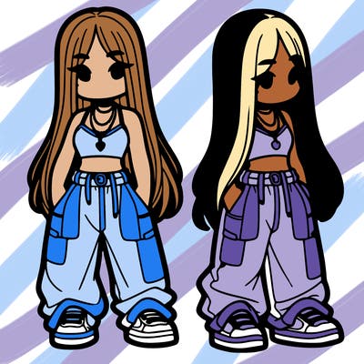 girl in baggy pants crop top and long hair