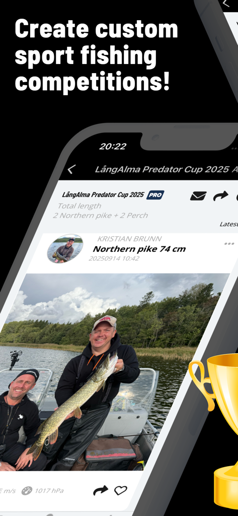 FishChamp - Fishing Challenges - A smartphone screen displaying a custom sport fishing competition with a catch photo and trophy icon.