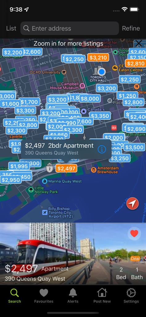 Rent Compass Apartment Finder - Map view of the Rent Compass app showing apartment rental prices in Toronto