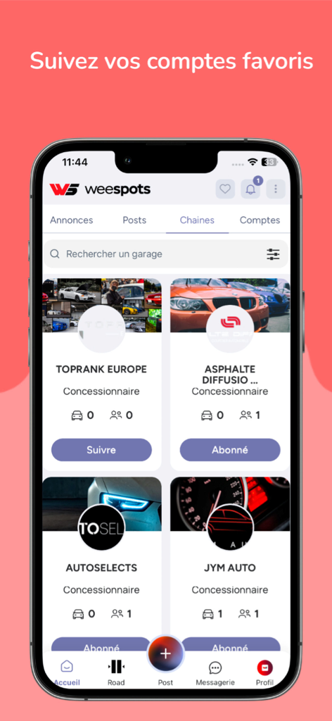 Pantalla de la aplicación Weespots que muestra una lista de cuentas de concesionarios de coches para seguir con botones de seguir