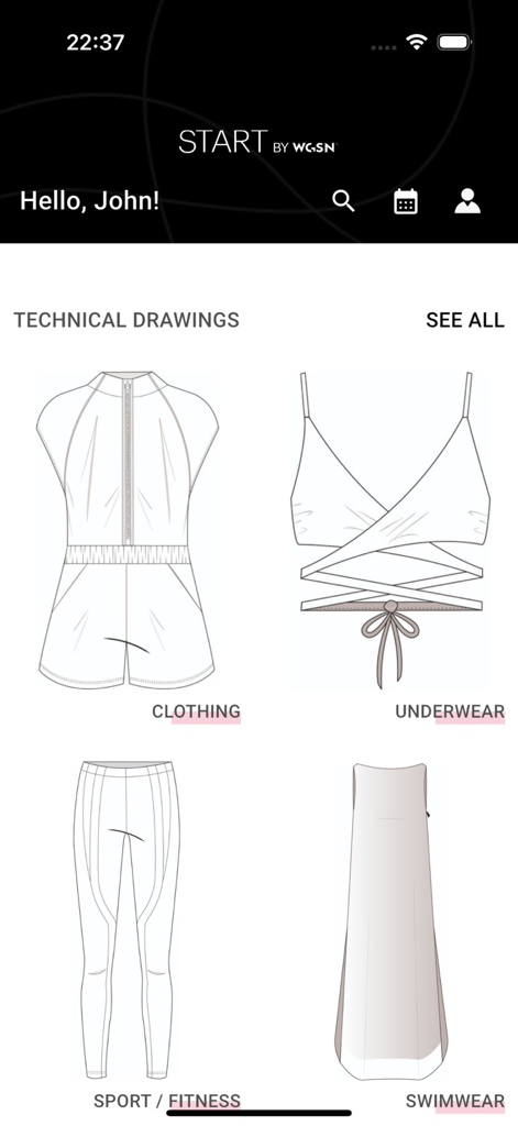 START by WGSN - Mobile app interface showing technical fashion sketches for clothing, underwear, fitness, and swimwear categories.