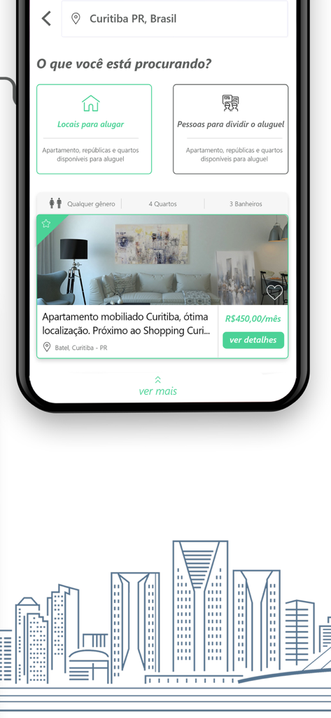 WebQuarto - WebQuartoモバイルアプリのインターフェース、賃貸物件またはルームメイト検索オプションと家具付きアパートのリスティングを表示