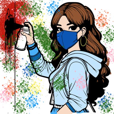 realistic girl with mask spray painting a wall