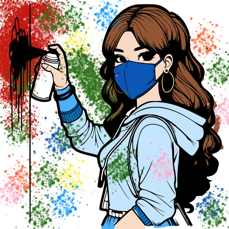 realistic girl with mask spray painting a wall