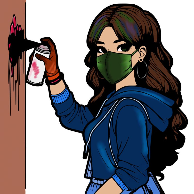 realistic girl with mask spray painting a wall