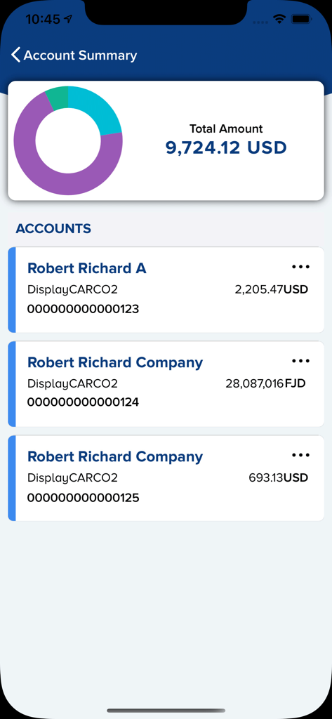 BRED Fiji Business Connect - BRED Fiji Business Connect mobile app showing a multi-currency account summary with USD and FJD balances