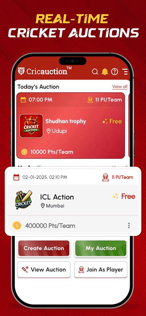 CricAuction - Cricket Auction - Dashboard of CricAuction app for managing real time cricket auctions