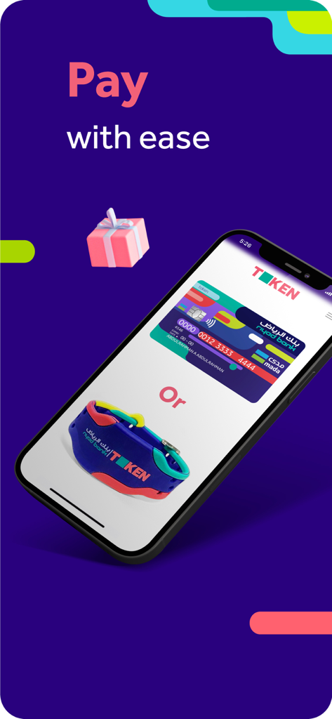 Token Program - Captura de tela do aplicativo Token Program mostrando um cartão pré-pago colorido da mada e uma pulseira de pagamento inteligente para crianças, com o texto Pague com facilidade.