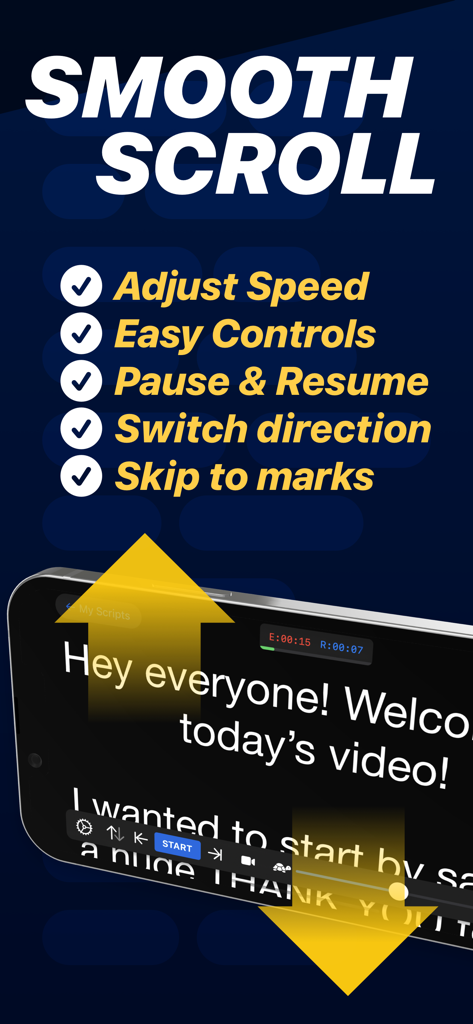 Teleprompter - Teleprompter app interface showing smooth scroll features and script controls on an iPhone