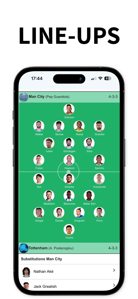 Écran d'application mobile affichant les compositions d'équipe et les formations tactiques du match de football de Manchester City et Tottenham