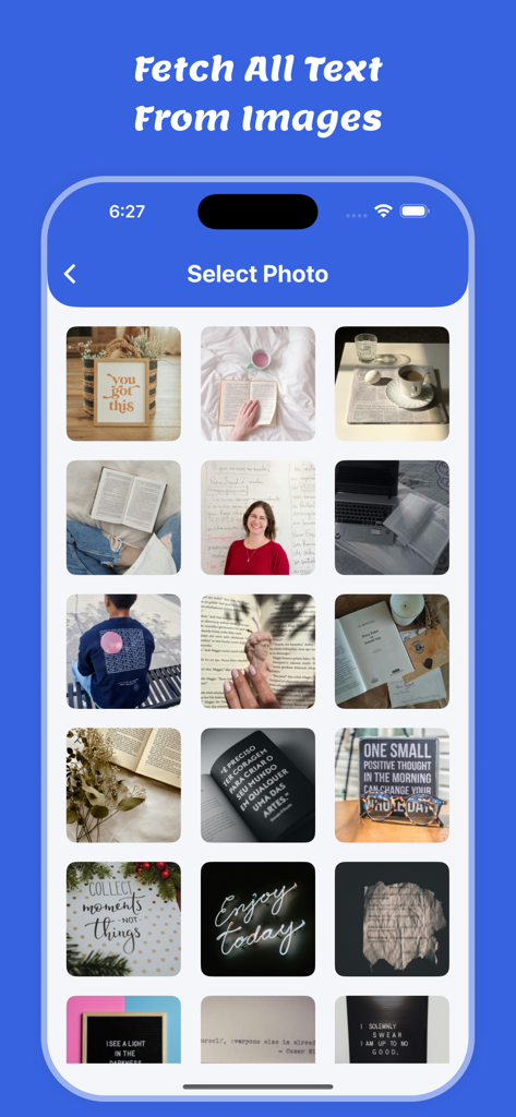 Web To PDF : Scanner & Reader - OCRテキスト抽出のために写真を選択しているアプリのインターフェース。