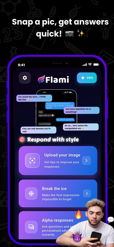 Flami AI app interface showing features for improved texting and social charisma
