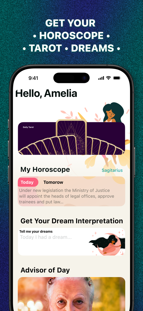 PsychicBook app home screen showing personalized horoscope tarot cards and dream interpretation features