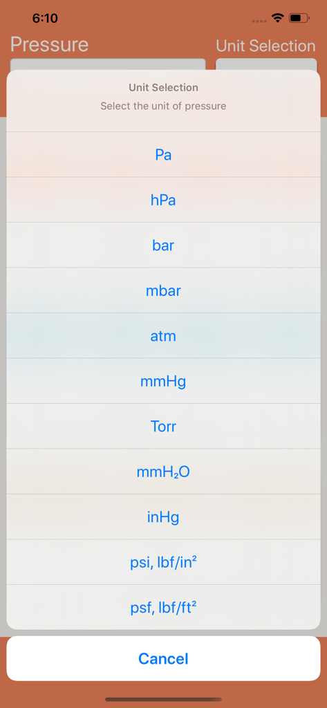 Pressure Units Converter - パスカル、バール、PSIを含むコンバーターアプリでの圧力単位選択リスト