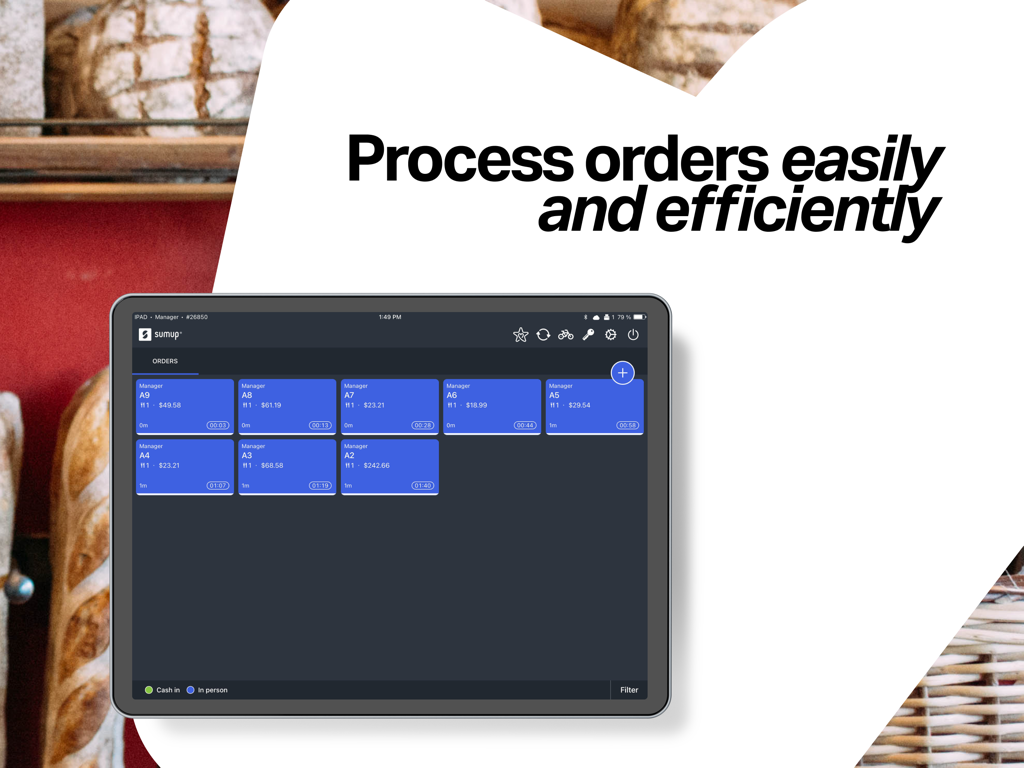 Aplicación SumUp POS para iPad mostrando un panel de pedidos para pequeñas empresas