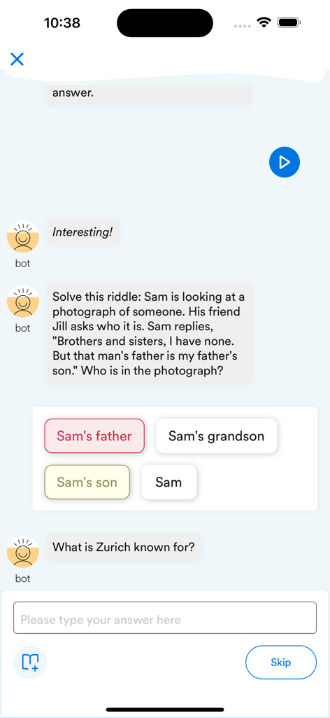 A chat-based language learning interface in the EF Campus Learning app showing an interactive riddle and multiple-choice answers.