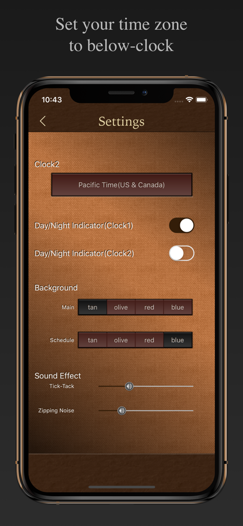 TiZo Pro - The settings interface of TiZo Pro app showing options for time zone selection, background colors, and sound effects.