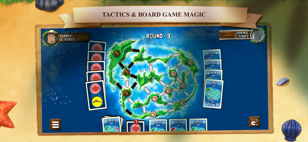 Kahuna - A gameplay screenshot of the Kahuna board game showing a map of tropical islands connected by bridges and strategic playing cards.