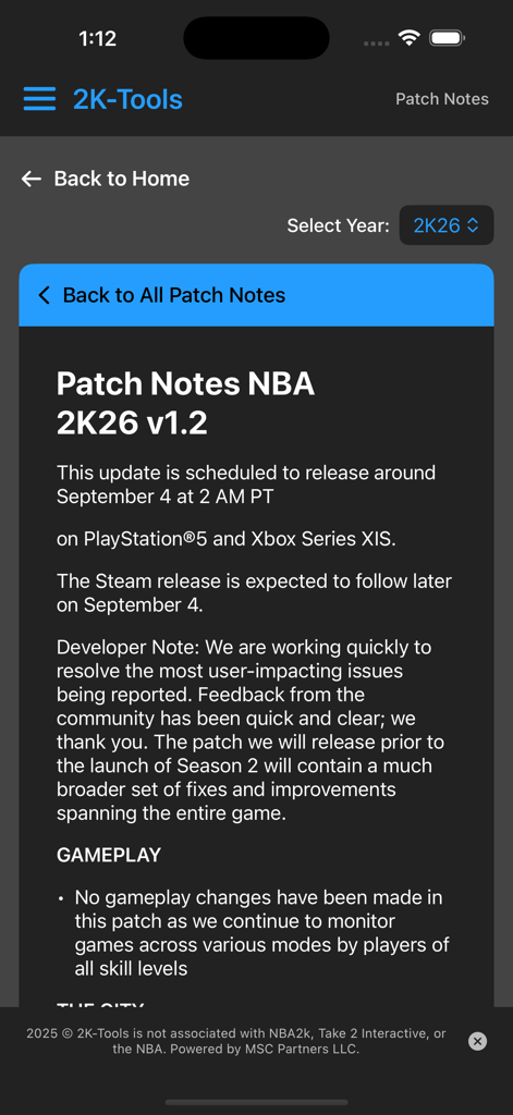 NBA 2K26 version 1.2 patch notes displayed in the 2K-Tools app