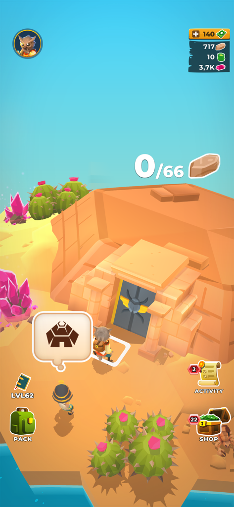 My Little Universe - Um personagem explorando um bioma deserto com uma entrada de pirâmide no jogo mobile Meu Pequeno Universo.