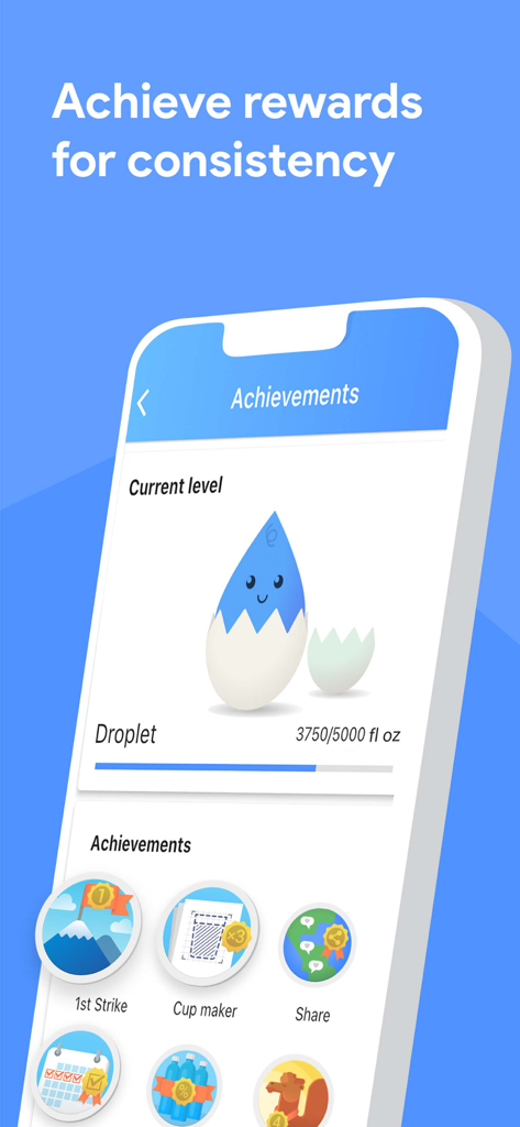 Drink Water Reminder + Tracker - Pantalla de logros de la aplicación Drink Water que muestra niveles de progreso y medallas de recompensa