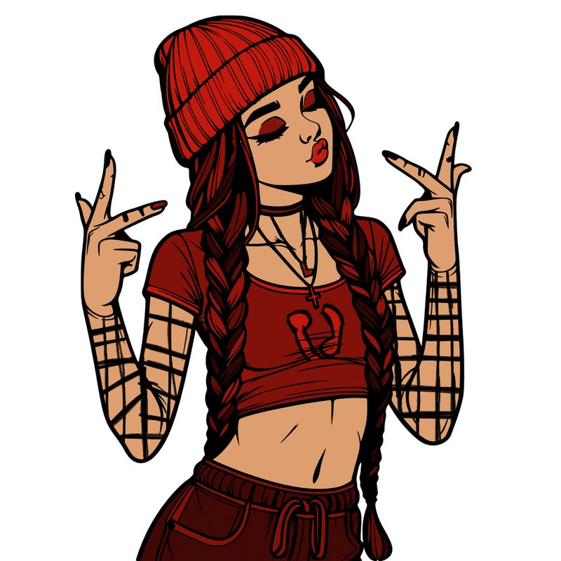 realistic teenage girl with braids and a beanie and crop top doing 🫶🏼