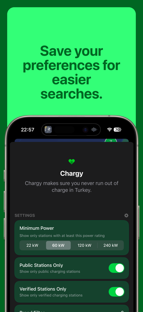 Chargy: EV Charging Stations - Chargy app settings screen allowing users to filter EV charging stations by minimum power and station status.