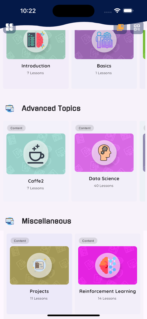 Interface of Learn Machine Learning PRO app showing diverse course topics like Data Science and Reinforcement Learning