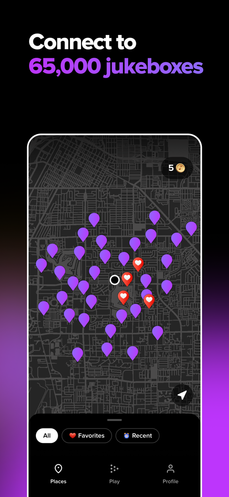 TouchTunes app interface displaying a city map with numerous jukebox location pins