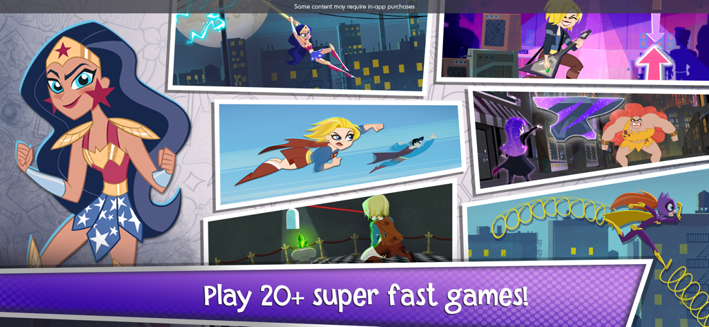 Collage of DC Super Hero Girls Blitz mini games with Wonder Woman and Supergirl
