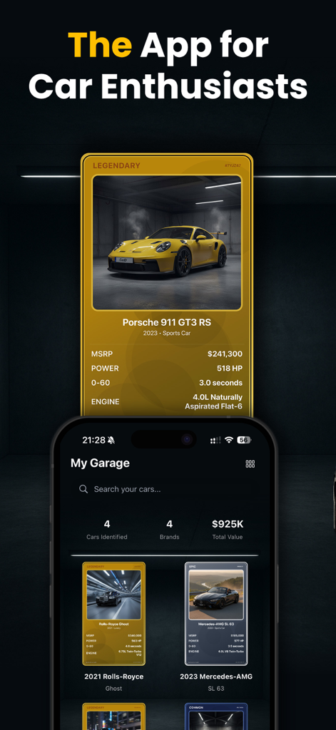Car Identifier: Car Spotter - Smartphone zeigt die digitale Garage der Car Identifier App mit Sammelkarten von Porsche und Rolls-Royce