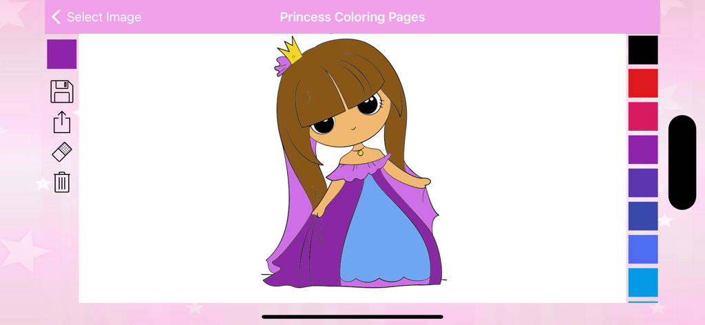 Princess Coloring Pages & Book - Una princesa de dibujos animados con pelo castaño y un vestido morado coloreándose en una interfaz digital con una paleta de colores y herramientas de dibujo