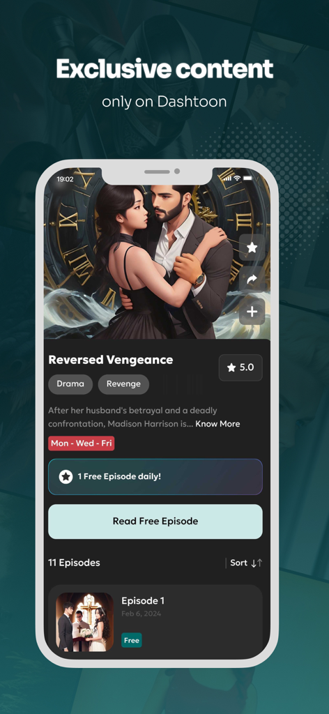 Dashtoon mobile app screen showing exclusive comic title Reversed Vengeance with a five star rating