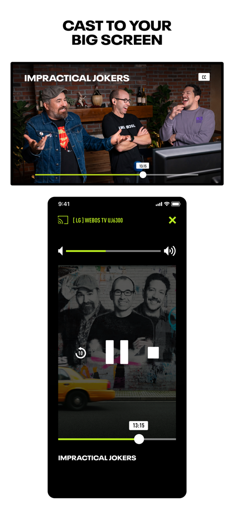 truTV - Un téléphone mobile diffusant l'émission Impractical Jokers de l'application truTV vers un grand écran de télévision